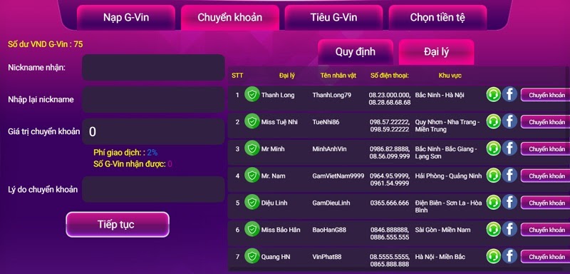 Nạp tiền qua đại lý ngân hàng tại Runvip 